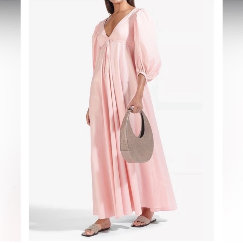 STAUD Blush Pink Tie-Front Maxi Dress with Puff Sleeves